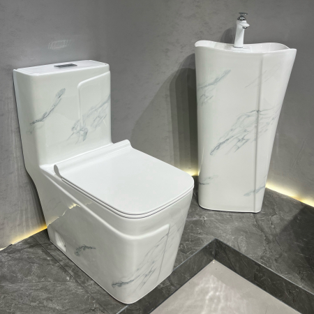 Set vas wc cu capac slim, montare pe podea, rimless, evacuare laterala, finisaj marmura 68 x 36 x 78 cm T2130UG [3]
