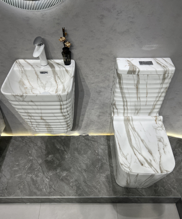 Set vas WC cu capac slim, montare pe podea, Rimless, evacuare laterală, finisaj marmură alb-gri  – 64 × 36 × 80 cm - T2079CW41 [3]