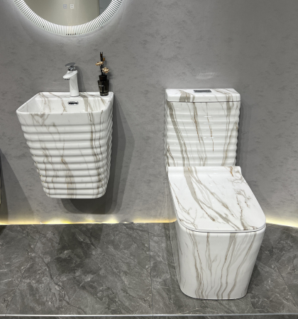 Set vas WC cu capac slim, montare pe podea, Rimless, evacuare laterală, finisaj marmură alb-gri  – 64 × 36 × 80 cm - T2079CW41 [1]