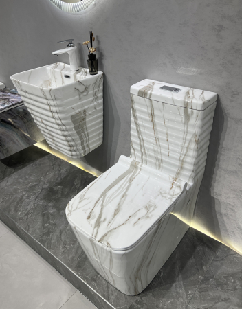 Set vas WC cu capac slim, montare pe podea, Rimless, evacuare laterală, finisaj marmură alb-gri  – 64 × 36 × 80 cm - T2079CW41 [2]