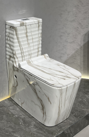 Baie - Set vas WC cu capac slim, montare pe podea, Rimless, evacuare laterală, finisaj marmură alb-gri  – 64 × 36 × 80 cm - T2079CW41