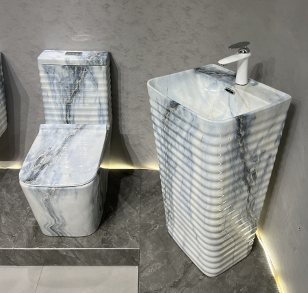 Set vas WC cu capac slim, montare pe podea, Rimless, evacuare laterală, finisaj marmură alb-gri – 64 × 36 × 80 cm T2079CW72 [2]