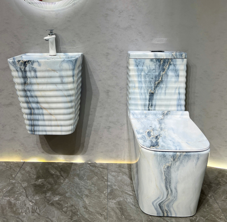 Set vas WC cu capac slim, montare pe podea, Rimless, evacuare laterală, finisaj marmură alb-gri – 64 × 36 × 80 cm T2079CW72 [3]