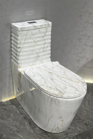 Baie - Set vas WC cu capac slim, montare pe podea, Rimless, evacuare laterală, finisaj marmură alb-gri-auriu – 68 × 37 × 80 cm - T2126CW80