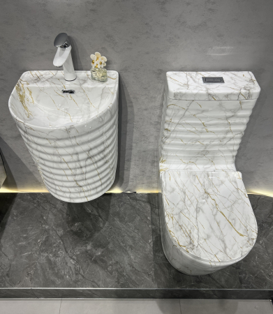 Set vas WC cu capac slim, montare pe podea, Rimless, evacuare laterală, finisaj marmură alb-gri-auriu – 68 × 37 × 80 cm - T2126CW80 [4]