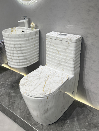 Set vas WC cu capac slim, montare pe podea, Rimless, evacuare laterală, finisaj marmură alb-gri-auriu – 68 × 37 × 80 cm - T2126CW80 [3]