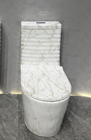 Set vas WC cu capac slim, montare pe podea, Rimless, evacuare laterală, finisaj marmură alb-gri-auriu – 68 × 37 × 80 cm - T2126CW80 [1]