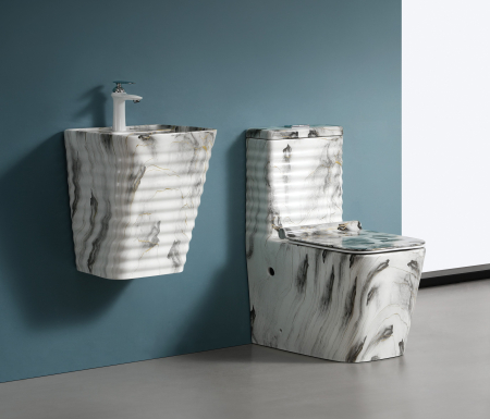 Set vas WC cu capac slim, montare pe podea, Rimless, evacuare laterală, finisaj marmură alb-negru-gri – 64 × 36 × 80 cm - T2079CW68 [2]