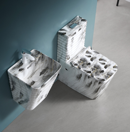 Set vas WC cu capac slim, montare pe podea, Rimless, evacuare laterală, finisaj marmură alb-negru-gri – 64 × 36 × 80 cm - T2079CW68 [1]