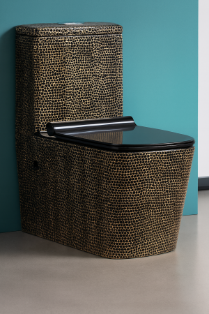 Baie - Set vas WC cu capac slim, montare pe podea, Rimless, evacuare laterală, finisaj negru/auriu – 64 × 36 × 80 cm - T2073CR4