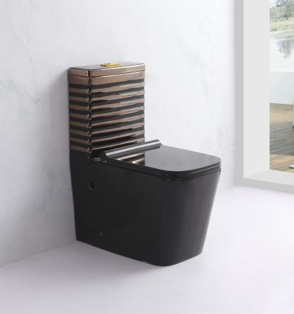 Set vas WC cu capac slim, montare pe podea, Rimless, evacuare laterală, finisaj negru/auriu – 64 × 36 × 80 cm - T2079EBR [2]