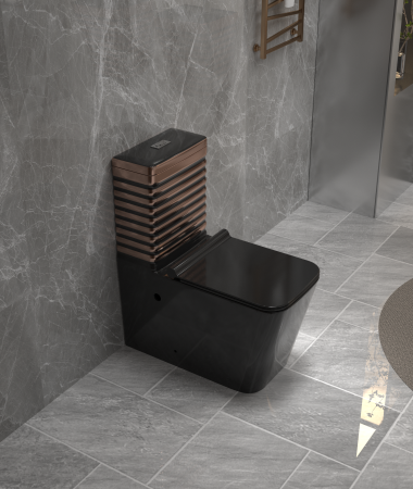 Baie - Set vas WC cu capac slim, montare pe podea, Rimless, evacuare laterală, finisaj negru/auriu – 64 × 36 × 80 cm - T2079EBR