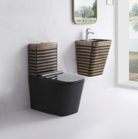 Set vas WC cu capac slim, montare pe podea, Rimless, evacuare laterală, finisaj negru/auriu – 64 × 36 × 80 cm - T2079EBR [3]