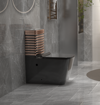 Set vas WC cu capac slim, montare pe podea, Rimless, evacuare laterală, finisaj negru/auriu – 64 × 36 × 80 cm - T2079EBR [1]