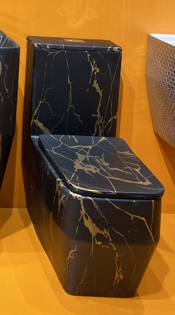 Baie - Set vas WC cu capac slim, montare pe podea, Rimless, evacuare laterală, finisaj negru/auriu 67 × 37 × 80 cm - T2133CW68