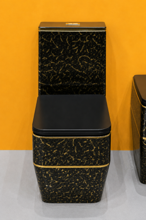 Set vas WC cu capac slim, montare pe podea, Rimless, evacuare laterală, finisaj negru/auriu  67 × 37 × 80 cm - T2133EBG7 [2]