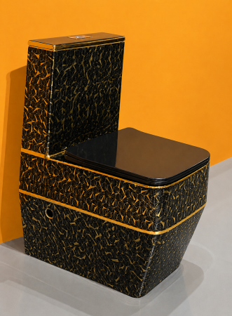 Set vas WC cu capac slim, montare pe podea, Rimless, evacuare laterală, finisaj negru/auriu  67 × 37 × 80 cm - T2133EBG7 [1]