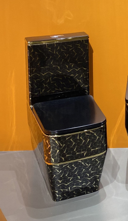 Set vas WC cu capac slim, montare pe podea, Rimless, evacuare laterală, finisaj negru/auriu  67 × 37 × 80 cm - T2133EBG7 [1]