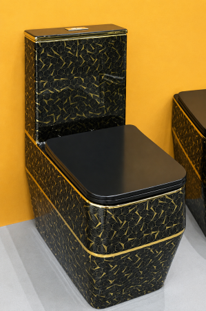Baie - Set vas WC cu capac slim, montare pe podea, Rimless, evacuare laterală, finisaj negru/auriu  67 × 37 × 80 cm - T2133EBG7