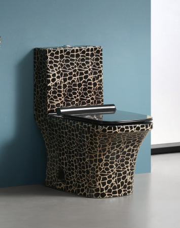 Baie - Set vas WC cu capac slim, montare pe podea, Rimless, evacuare laterală, finisaj negru/auriu – 68 × 36 × 74 cm - T2071CR1