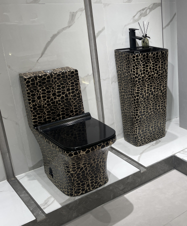 Set vas WC cu capac slim, montare pe podea, Rimless, evacuare laterală, finisaj negru/auriu – 68 × 36 × 74 cm - T2071CR1 [1]