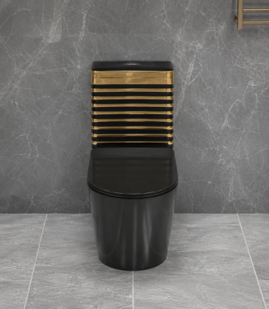 Set vas WC cu capac slim, montare pe podea, Rimless, evacuare laterală, finisaj negru/auriu – 68 × 37 × 80 cm - T2126EBG [3]