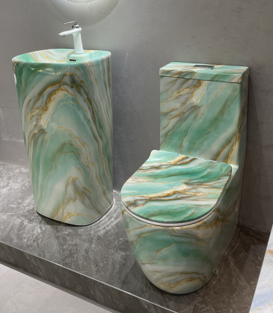 Set vas WC cu capac slim, montare pe podea, Rimless, evacuare laterală, finisaj verde onix 68 × 37 × 80 cm - T2075CW66 [3]