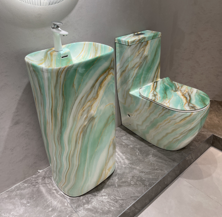 Set vas WC cu capac slim, montare pe podea, Rimless, evacuare laterală, finisaj verde onix 68 × 37 × 80 cm - T2075CW66 [2]