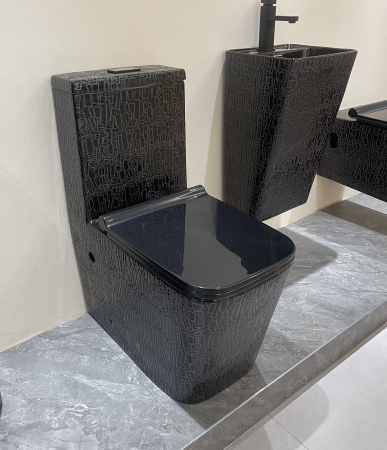 Set vas WC cu capac slim, montare pe podea, rimless, evacuare laterală, glazură neagră artizanală – 64 x 36 x 80 cm T2073CR5 [4]