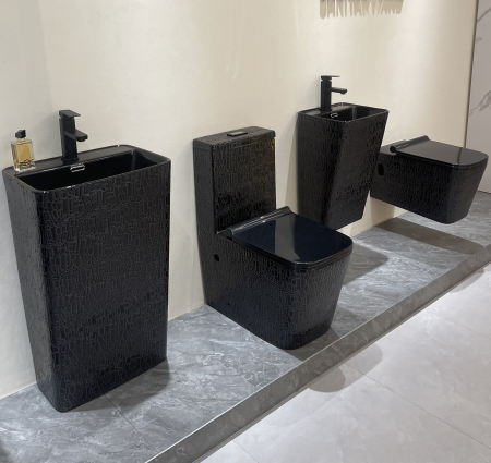 Set vas WC cu capac slim, montare pe podea, rimless, evacuare laterală, glazură neagră artizanală – 64 x 36 x 80 cm T2073CR5 [2]