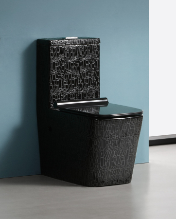 Vase wc - Set vas WC cu capac slim, montare pe podea, rimless, evacuare laterală, glazură neagră artizanală – 64 x 36 x 80 cm T2073CR5