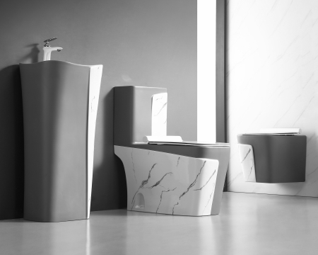 Set vas wc cu capac slim, montare pe podea, rimless, evacuare laterala, finisaj gri mat și marmură 68 x 36 x 78 cm T2130MG [1]