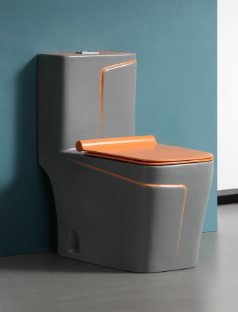 Vase wc - Set vas wc cu capac slim, montare pe podea, rimless, evacuare laterala, gri mat/portocaliu  68 x 36 x 78 cm T2130GO