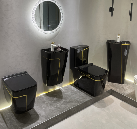 Set vas wc cu capac slim, montare pe podea, rimless, evacuare laterala, negru/auriu 68 x 36 x 78 cm T2130BG [4]