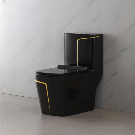 Set vas wc cu capac slim, montare pe podea, rimless, evacuare laterala, negru/auriu 68 x 36 x 78 cm T2130BG [3]
