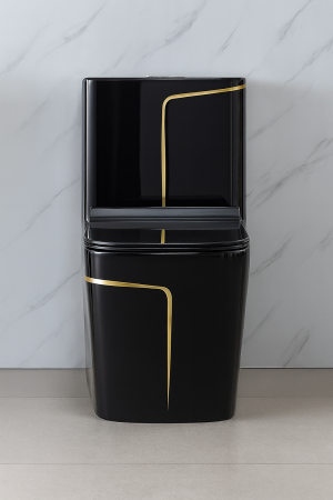 Set vas wc cu capac slim, montare pe podea, rimless, evacuare laterala, negru/auriu 68 x 36 x 78 cm T2130BG [2]