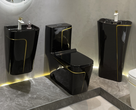 Set vas wc cu capac slim, montare pe podea, rimless, evacuare laterala, negru/auriu 68 x 36 x 78 cm T2130BG [5]