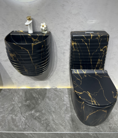 Set vas wc cu capac slim, montare pe podea, rimless, evacuare laterala, negru/auriu 68 x 37 x 80 cm T2127CW62 [1]