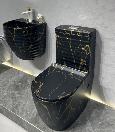 Set vas wc cu capac slim, montare pe podea, rimless, evacuare laterala, negru/auriu 68 x 37 x 80 cm T2127CW62 [2]