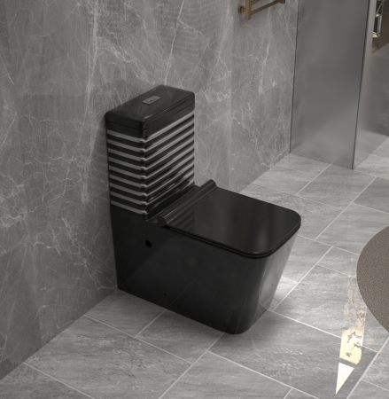 Vase wc - Set vas wc cu capac slim, montare pe podea, rimless, evacuare laterala, negru/gri 64 x 36 x 80 cm T2079BS