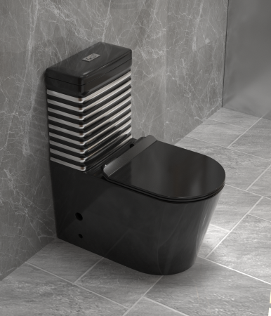 Vase wc - Set vas wc cu capac slim, montare pe podea, rimless, evacuare laterala, negru/gri 68 x 37 x 80 cm  T2126BS