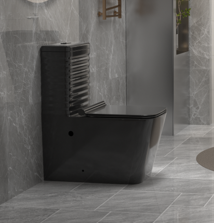 Set vas WC cu capac slim, montare pe podea, rimless, evacuare laterală, Negru lucios – 64 x 36 x 80 cm T2079B [1]