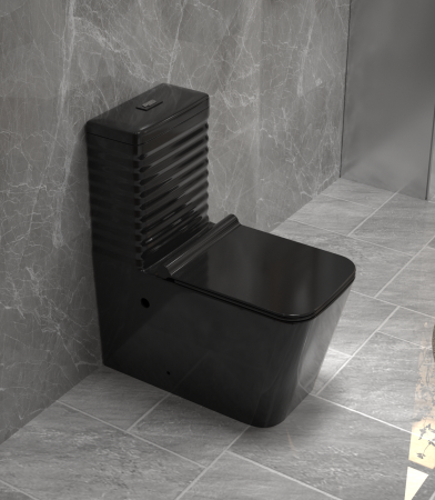 Vase wc - Set vas WC cu capac slim, montare pe podea, rimless, evacuare laterală, Negru lucios – 64 x 36 x 80 cm T2079B