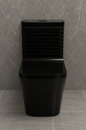 Set vas WC cu capac slim, montare pe podea, rimless, evacuare laterală, Negru lucios – 64 x 36 x 80 cm T2079B [2]