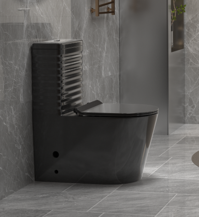 Set vas WC cu capac slim, montare pe podea, rimless, evacuare laterală, negru lucios – 68 x 37 x 80 cm T2126B [1]