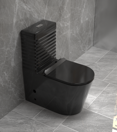 Vase wc - Set vas WC cu capac slim, montare pe podea, rimless, evacuare laterală, negru lucios – 68 x 37 x 80 cm T2126B