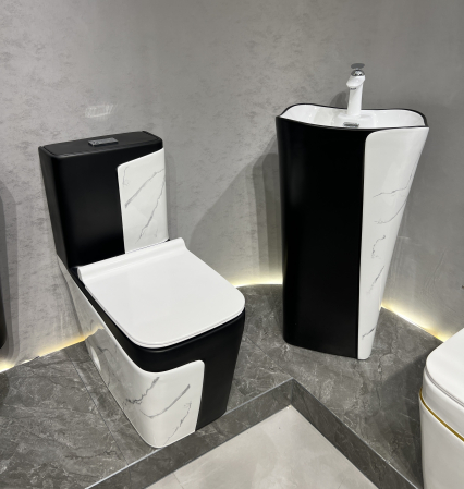 Set vas WC cu capac slim, montare pe podea, Rimless, evacuare laterala, finisaj marmură/negru – 68 x 36 x 78 cm T2130MB [1]