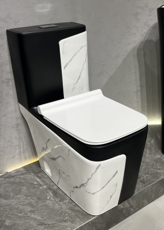 Vase wc - Set vas WC cu capac slim, montare pe podea, Rimless, evacuare laterala, finisaj marmură/negru – 68 x 36 x 78 cm T2130MB