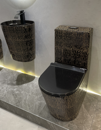 Set vas WC cu capac slim, montare pe podea, Rimless, evacuare laterala, finisaj negru glazurat/auriu 68 x 37 x 80 cm T2123CR2 [3]