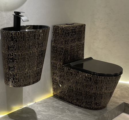 Set vas WC cu capac slim, montare pe podea, Rimless, evacuare laterala, finisaj negru glazurat/auriu 68 x 37 x 80 cm T2123CR2 [2]